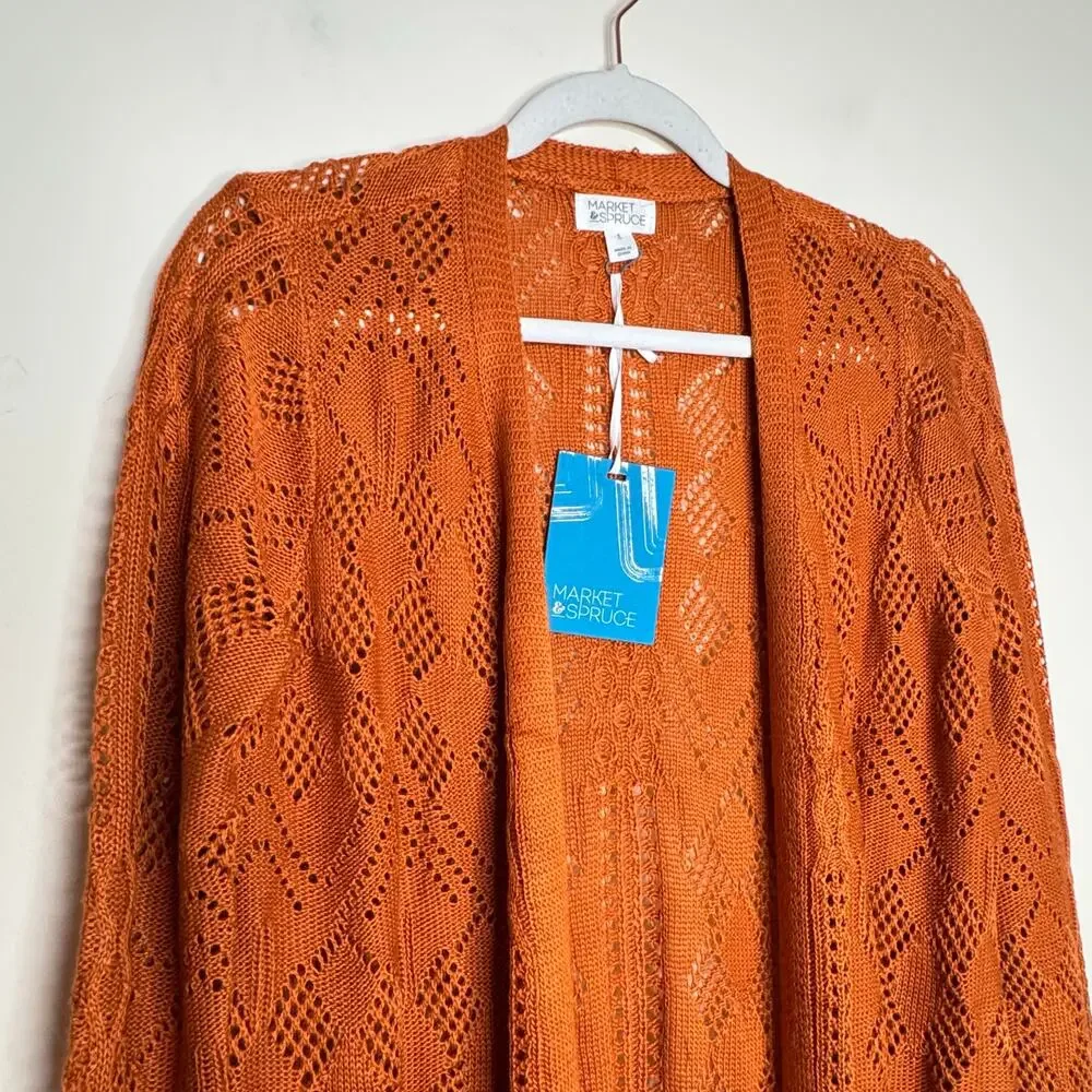 Market & Spruce Cecily Pointelle Open Duster Cardigan Orange NWT Size Small
